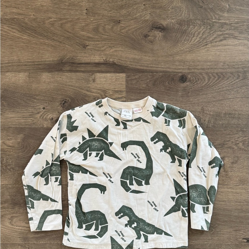 Zara Kids Long Sleeve Shirt with Dinosaur Print - Cream and Green